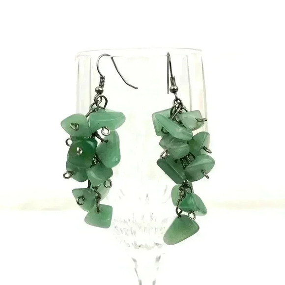 Natural Green Quartz Cluster Earrings Silver Tone Metal Hook Style Jewelry Boho - Picture 6 of 9